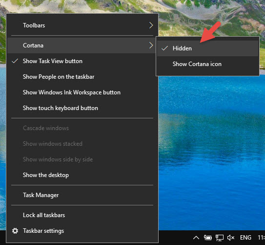 Cách ẩn Cortana khỏi thanh Taskbar
