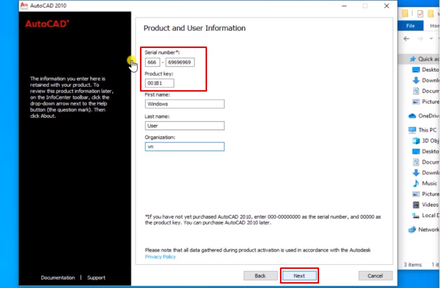 Bước 6: Nhập mã Serial Number và Product Key