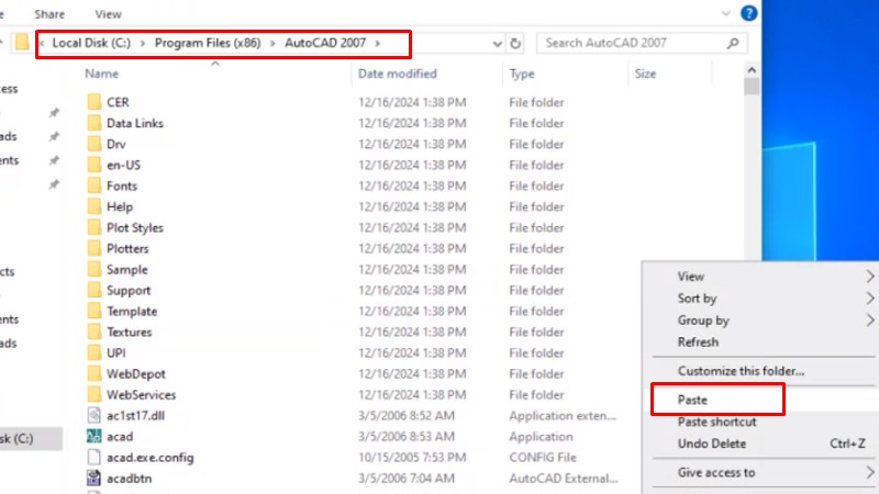 Paste các file đã copy vào thư mục